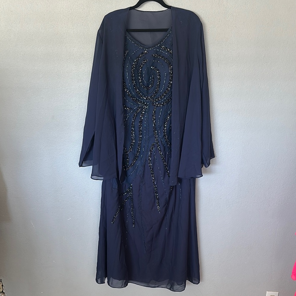 Navy Beaded Evening Dress with Sheer Jacket- NWOT